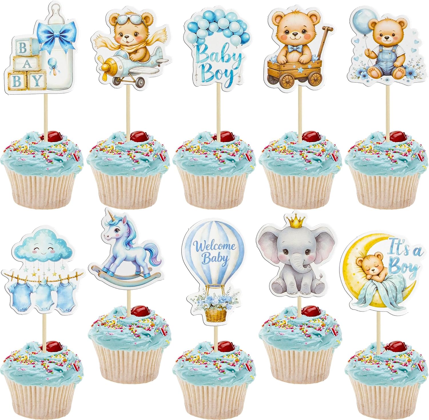 Gyufise 40Pcs Baby Girl Cupcake Toppers Baby Shower Decorations for Girls Rainbow Balloon Elephant Bear It's a Boy Cupcake Picks for Baby Shower Birthday Party Supplies Blue White