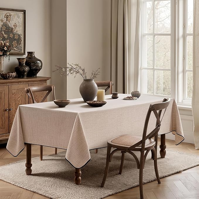 MIULEE Natural-Black Linen Tablecloth 60x104 Inch Rectangle Table Cloth Waterproof,Stain Resistant & Wrinkle Resistant for Dining Party Wedding