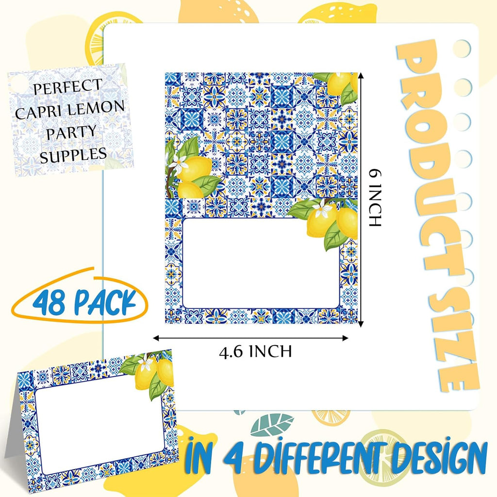 Jetec 48 Pcs Capri Lemon Place Cards Yellow and Blue Tile Table Name Cards Tent Placard Buffet Food Label for Table Setting Birthday Bridal Shower Italy Yellow Lemon and Amalfi Coast Party Decoration