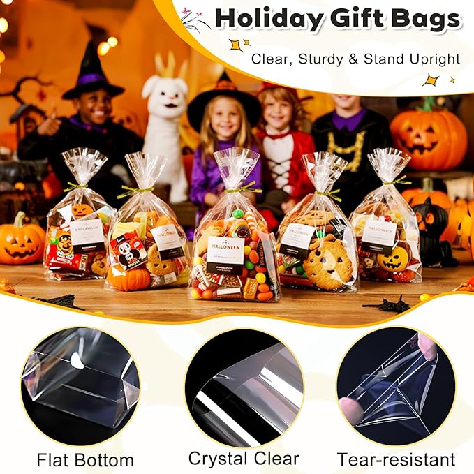 PigPotParty Cellophane Treat Bags 7"x10", 100 Pack Clear Goodie Bags, 3.2" Bottom Gusset for Stand-Up Display, Small Plastic Gift Wrap for Cookies, Candy, Party Favors, Popcorn, Includes 100 Ties