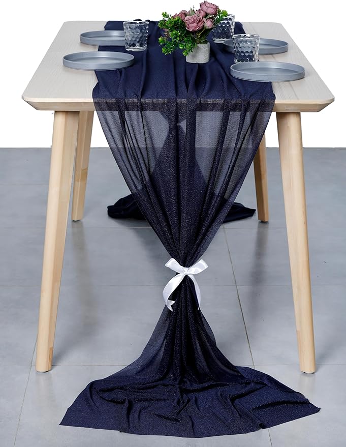 MDS 20 Pack 10ft Chiffon Table Runner 29 x 120 Inches Sheer Wedding Runner Romantic Rustic Table Runner for Wedding Decorations, Birthday Parties, Bridal Shower Party Arch Decor - Navy Blue