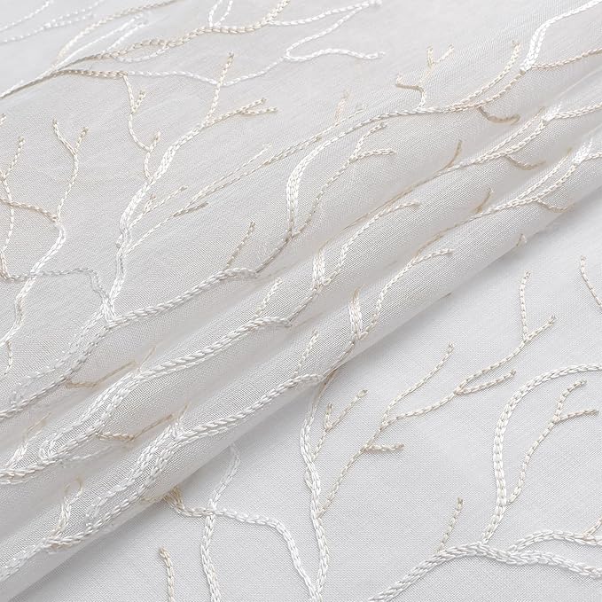 VISIONTEX Sheer Curtains 84 inch Length 2 Panels Set, Decorative Beige Coral Embroidery, Rod Pocket Embroidered Window Drapes for Living Room and Bedroom, 54" x 84"
