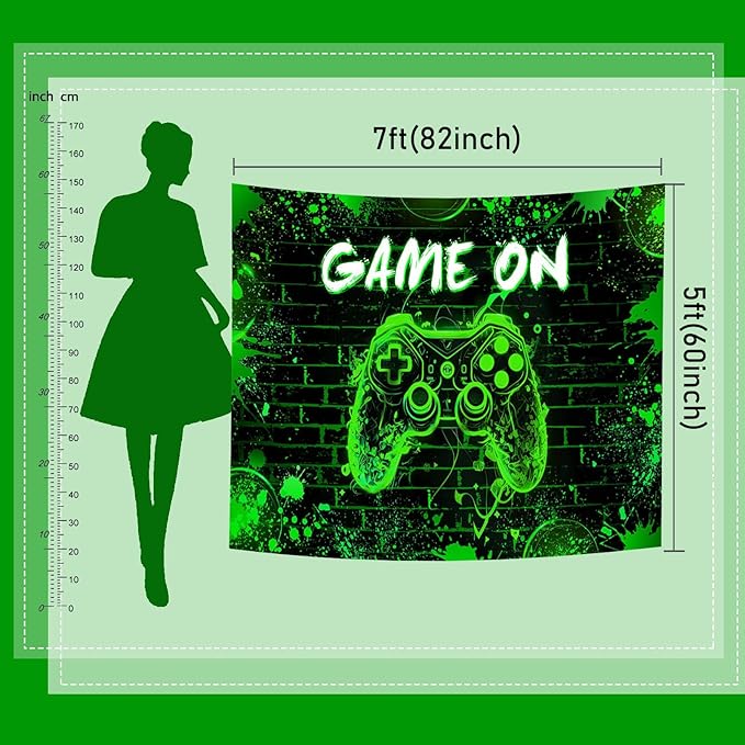 Mocsicka Game On Backdrop Video Game for Boys Level Up Birthday Party Decoration Game Night Arcade Neon Glow Gamer Banner Photography Background (Green, 10x8ft(120"x96"))