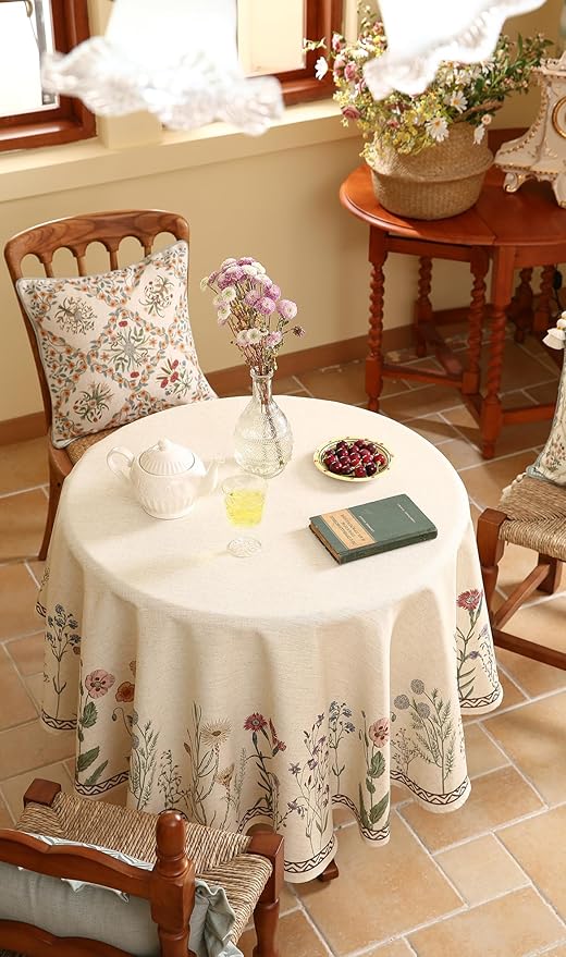 ISAENNE Designer Off White Linen Round Tablecloth,Floral Elegant Table Cloth,Stain Resistant Vintage Decor Tablecloths for Dining Thanksgiving Kitchen Christmas,Diameter 67"-Serenity G