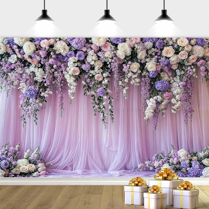 5x3ft Purple Lavender Floral Bridal Backdrop Wedding Flower Photography Backdrop for Girl Portrait Baby Shower Birthday Party Decor Banner Mother's Day Party Wall Backdrop Studio Photo Backgrounds