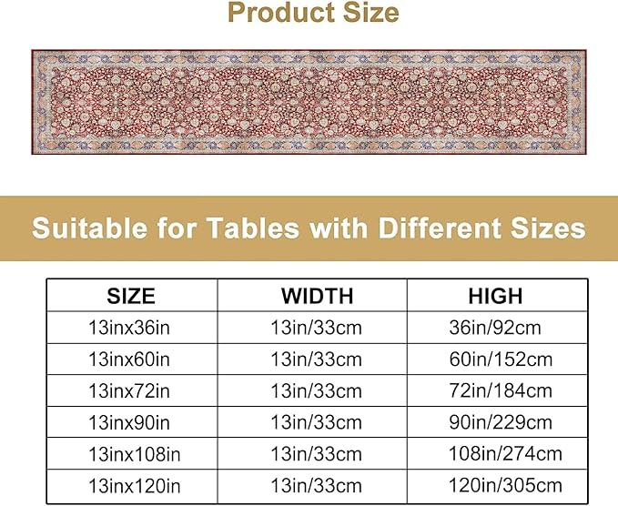 Boho Bohemia Style Table Runner, Vintage Red Blue Retro Flower Rustic Country Style Floral Print Pattern for Home Kitchen Table Decor Dining Coffee Room Garden Party Decor 13x72in