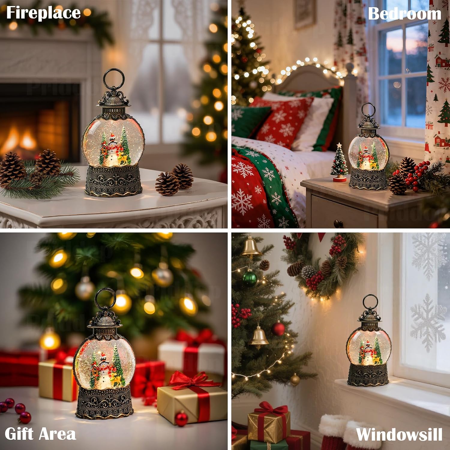 Priddop Snowman Snow Globe Christmas Decorations Indoor Deer Cardinal Snowman Gifts Classic Relief Texture Musical Glitter Snowfall USB/Battery Timer Lantern 10.6 inch