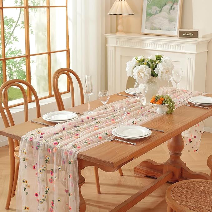 White Embroidery Daisy Fall Table Runner 120Inch 10FT Florals Soft Sheer Tulle Fabric Table Runner for Home Decor, Brithday, Wedding, Baby Shower ,Holiday ,Parties, DIY Craft,1PC