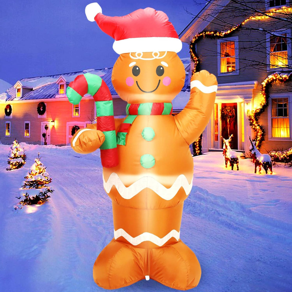 5FT H Lovely Christmas Inflatable Gingerbread Man with Candy Cane, Blow up Gi...