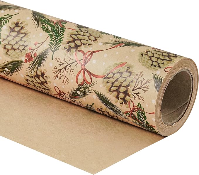 RUSPEPA Kraft Christmas Wrapping Paper Roll, Mini Roll, Pinecone and Greenery Design with Red Bow and Snowflake, Kraft Gift Wrap Paper for Christmas, Holiday, Winter Party, 17 Inches x 16.4 Feet