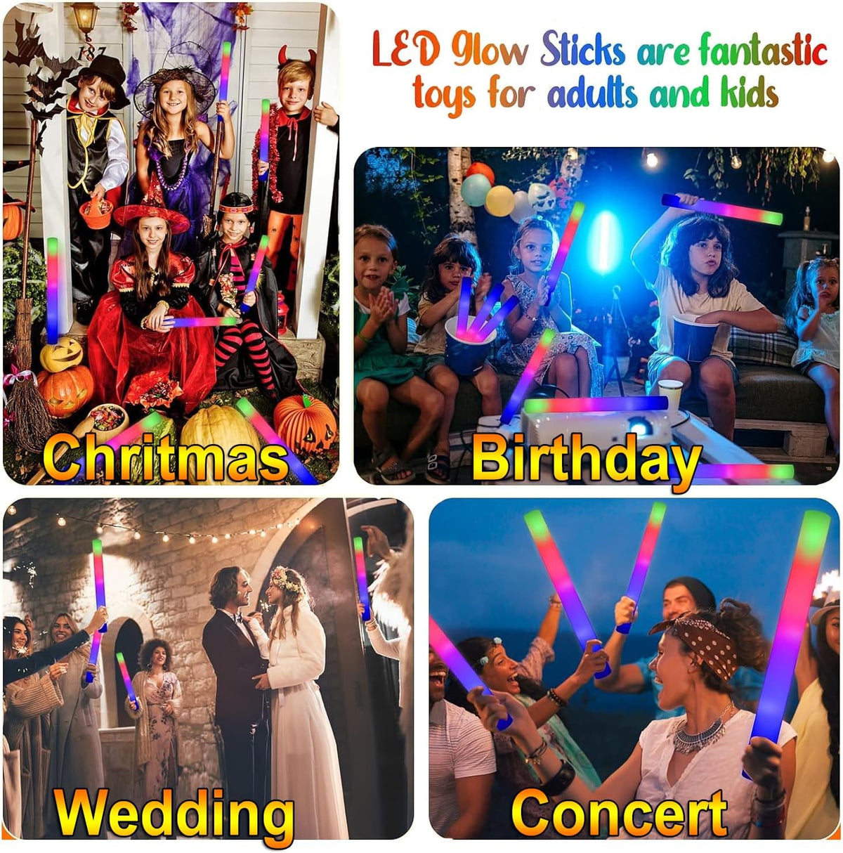 LifBetter 70 Pcs Foam Glow Sticks Bulk,Led Glow Sticks with 3 Modes Colorful ...