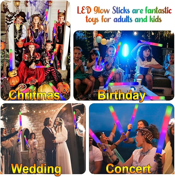 LifBetter Light Up Glow Sticks Bulk, LED Foam Sticks 112 pcs Glow in The Dark with 3 Modes Flashing Led Foam Multicolor Batons Light up Party Favors for Birthdays, Weddings, Concerts, Festivals