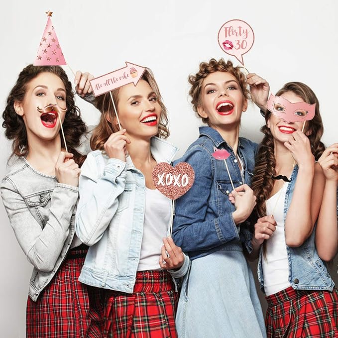 30th Birthday Party Photo Booth Props and Signs, Rose Gold 30 Birthday Party Selfie Props Kit with Sticks for Girls Women, Thirty 30th Happy Birthday Party Decorations Supplies Favors