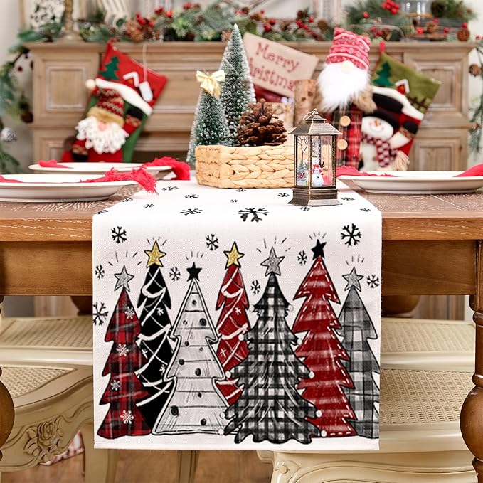GEEORY Christmas Table Runner 13x36 Inch, Xmas Tees Snowflakes Holiday Decorative Farmhouse Table Decoration for Kitchen Dinning, Indoor Outdoor Dinner Party Decor (Red & Black) GT165-36