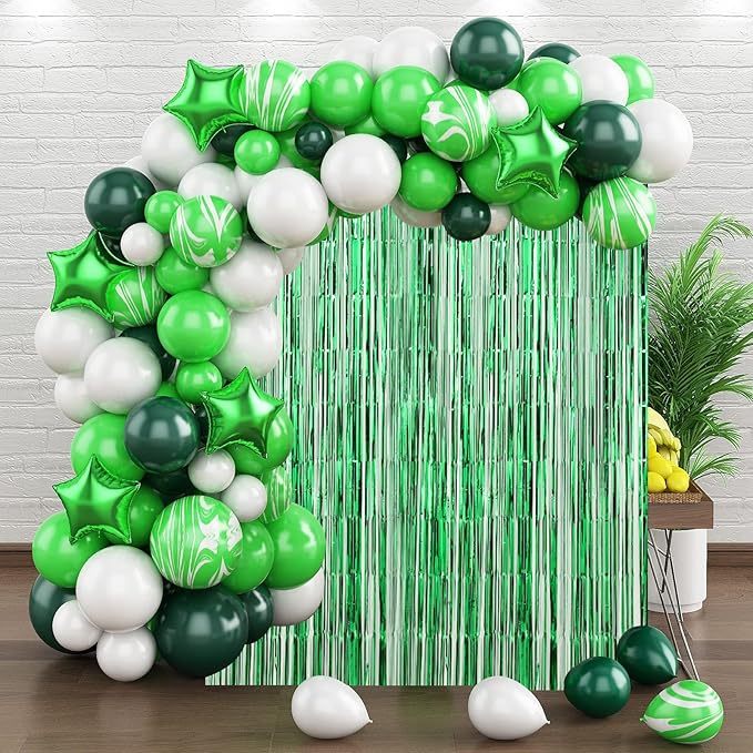 2 Pack Green Foil Fringe Backdrop Curtains, Tinsel Streamers Birthday Party Decorations, Fringe Backdrop for Graduation, Dinosaur Theme, Green Party