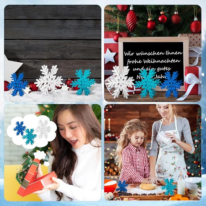 Qunclay 20 Pcs Wooden Snowflake Decorations 3D Snowflake Tabletop Decor Christmas Signs and Centerpiece for Winter Wonderland Decorations Xmas Tiered Tray Decor(Dark Blue, Light Blue, White)