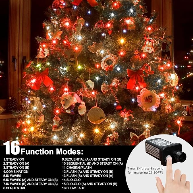 LAMPHOME 33ft Christmas Decorative Mini Lights, 100 LED transparent Wire Fairy Starry String Lights Plug in, 12 Lighting Modes, for Indoor Outdoor Xmas Tree Wedding Party Decoration (White+Multicolor)