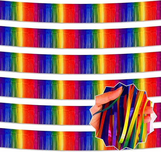 6 Pack 10 Ft Dark Rainbow Foil Fringe Garland Metallic Streamers Tinsel Banner Wall Hanging Garland Backdrop for Parade Floats, Halloween, Christmas, Thanksgiving, New Year Party Decorations