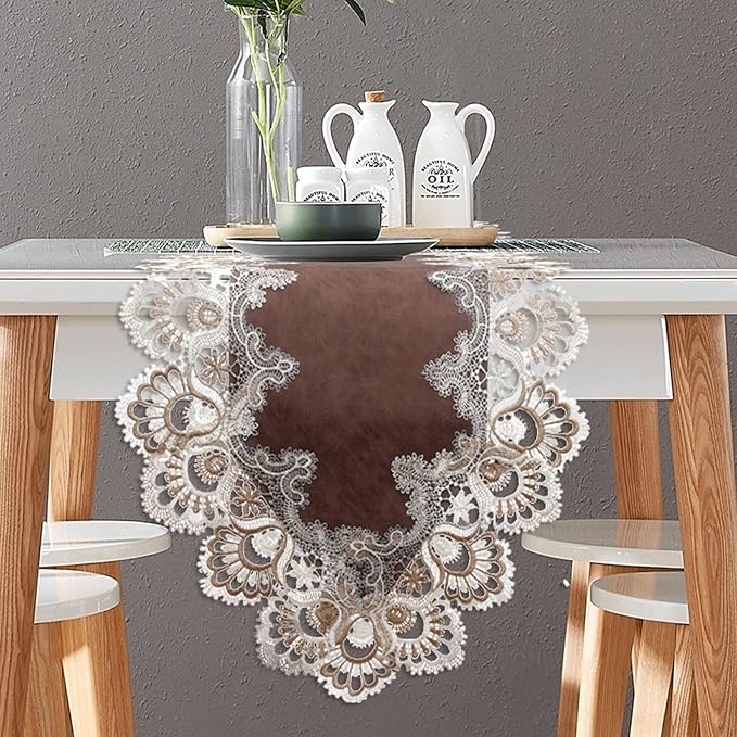 Vintage Lace Dining Table Runner, 72 Inches Macrame Coffee Table Runners for Kitchen Home Christmas Party Decorations (16x72 inch,Brown)