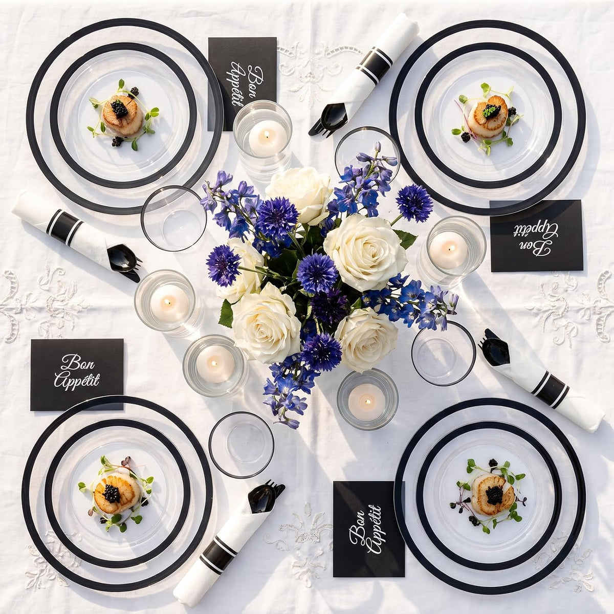 I00000 350Pcs Black Plastic Dinnerware Set,Disposable Plates for 50 Guests