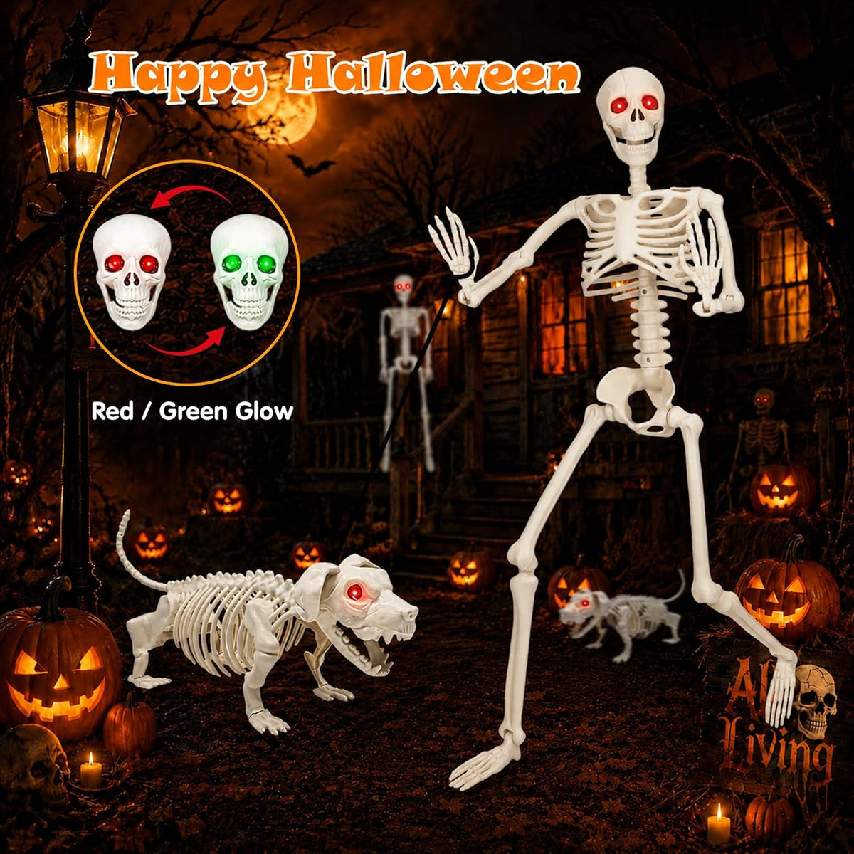 36'' Halloween Skeleton Decoration with Dog: Posable Skeleton Glowing...