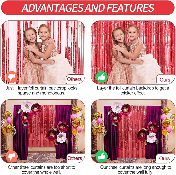 Crosize 8 Pack 3.3 x 9.9 ft Red Foil Fringe Curtains Party Decorations, Red Tinsel Curtain Backdrop for Parties, Door Streamers, Glitter Streamer Backdrop for Birthday Decoration