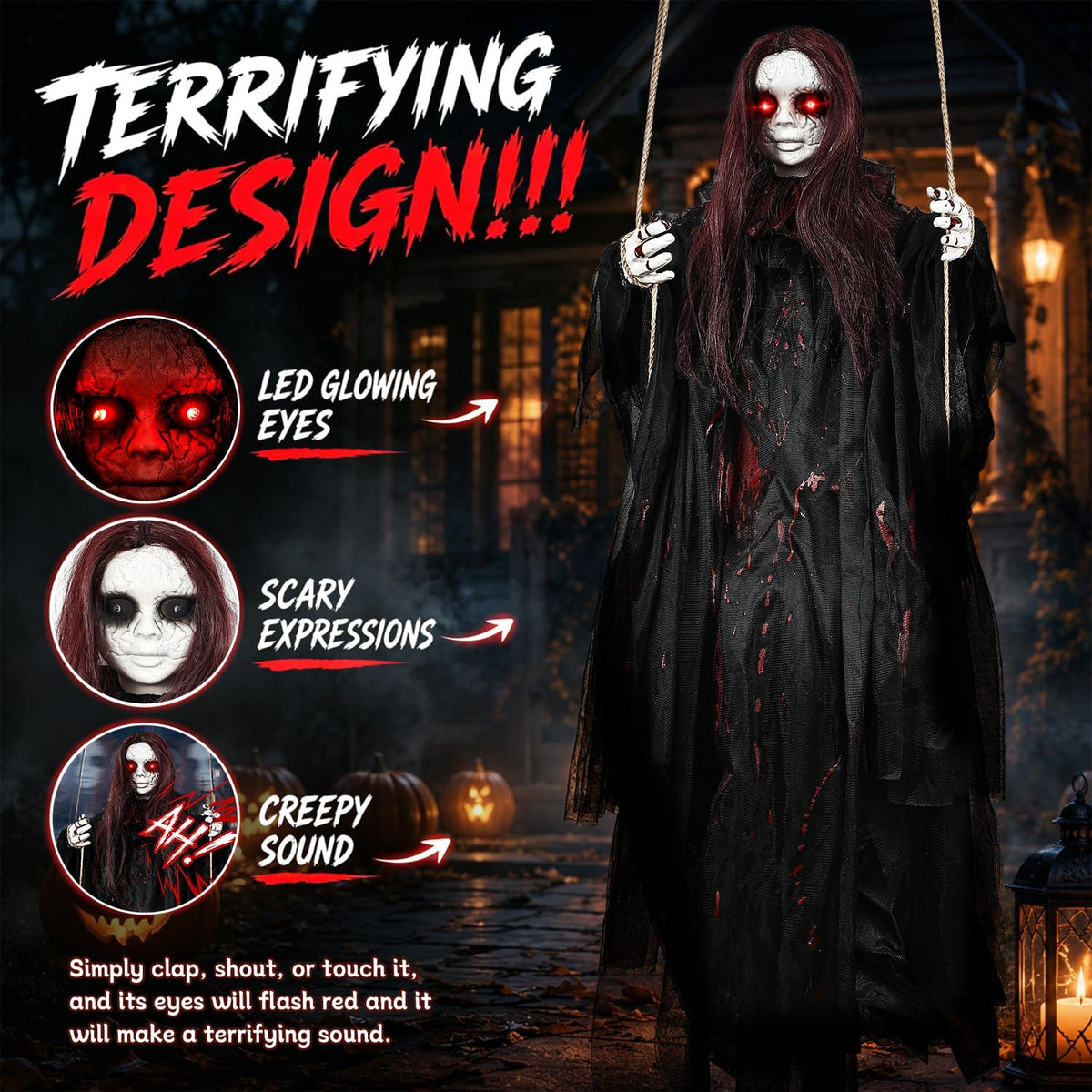 59" Scary Hanging Ghost Girl Halloween Decoration – Sound & Touch Ac...