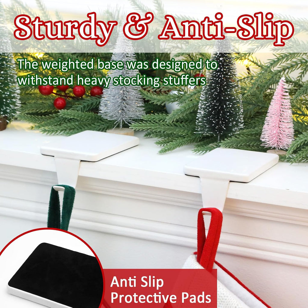 HMASYO Christmas Stocking Holders for Mantle Set of 2, White Heavy Duty Iron Stocking Hangers Base, Low Profile Weighted Stocking Holder Hooks for Fireplace Tabletop Shelf Christmas Decoration