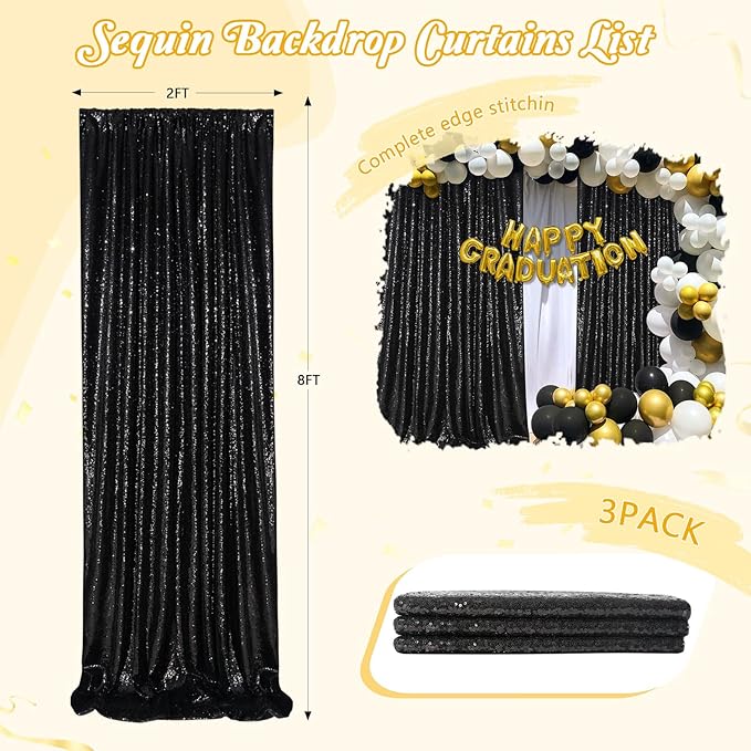Black Backdrop for Graduation Decorations: 2ftx8ft Black Sequin Halloween Backdrop Curtains Panels Wedding Ceremony Party Home Decorations 3 Packs