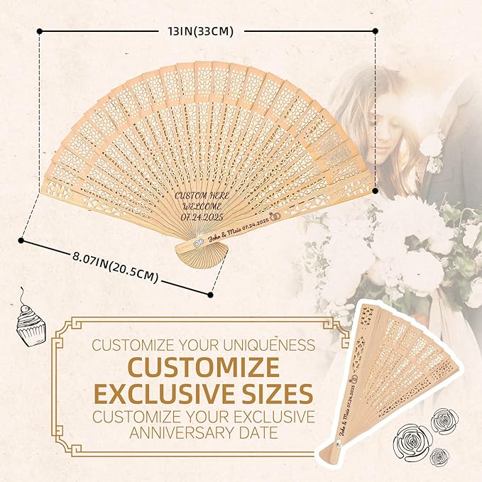 10pcs Personalized Wedding Fans for Guests - Custom Wooden Hand Fans with Names/Dates - Bulk Wedding Favors for Bridal Shower, Baby Shower & Parties (Wood, 10pcs)