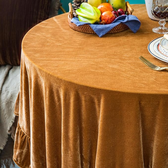 Velvet Tablecloth Luxurious Solid Round Table Cloth,Oblong Retro Farmhouse Ruffle Tablecloths Washable Table Cover for Party Wedding Baby Shower Kitchen Dinning Tabletop Decoration