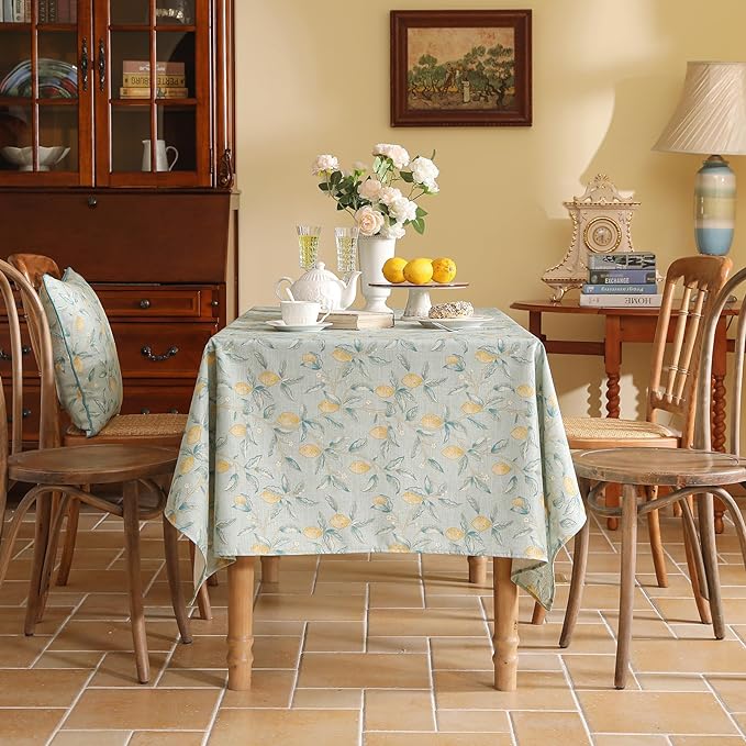 patdrea Designer Linen Green Square Tablecloth,Vintage Yellow Flowers Pattern Farmhouse Table Cloth,Home Table Cover Decor for Kitchen Dining Christmas,Thanksgiving,Party,67"x67"-Ania a