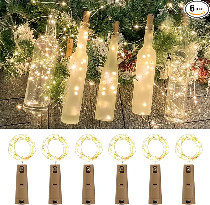 6-Pack LED Bottle Lights with Dual Battery Pack, 6.6ft 20 LEDs, Twice The Runtime, Warm White for Indoor & Outdoor Christmas Décor.(6 Pack, Warm White（Dual Battery Pack）)