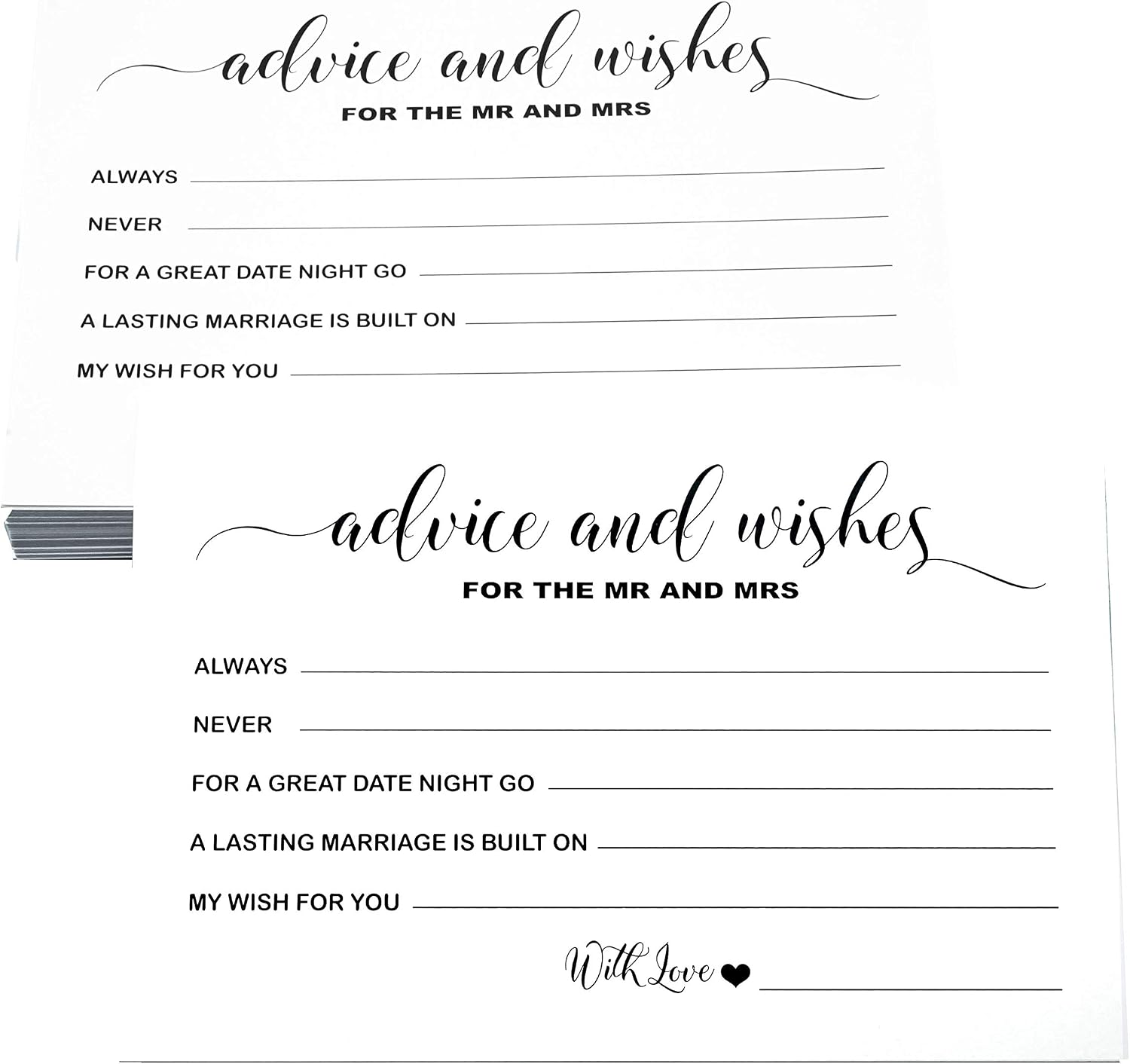 RXBC2011 Wedding advice and well wishes Cards for the Mr and Mrs Bride and Groom Newlyweds Bridal Shower Games Note Marriage Advice Pack of 50
