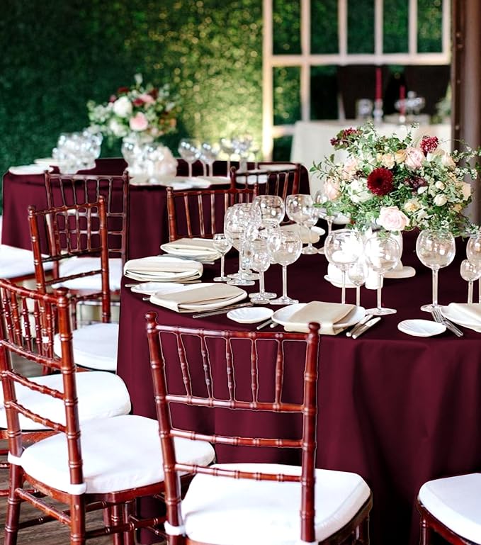 10 Packs Satin Tablecloth 120 Inch Burgundy Round Table Cloth Silk Tablecloth Smooth Fabric Overlay Satin Table Cover Decoration for Wedding Party Banquet Events