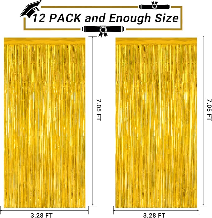 12 Pack 2025 Graduation Decorations, 3.28 FT x 7.05 FT Gold Backdrop Curtains, Metallic Class of 2025 Backdrop Fringe Curtains Foil Streamer, Gold Grad Decorations 2025 Party Supplies