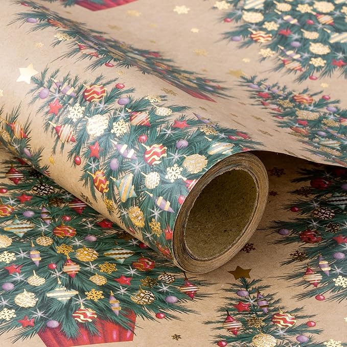 RUSPEPA Kraft Christmas Wrapping Paper Roll, Mini Roll, Gold Foil Christmas Tree Design, Elegent Kraft Gift Wrap Paper Great for Xmas Gifts, Winter and Holidays, 17 Inches X 16.4 Feet