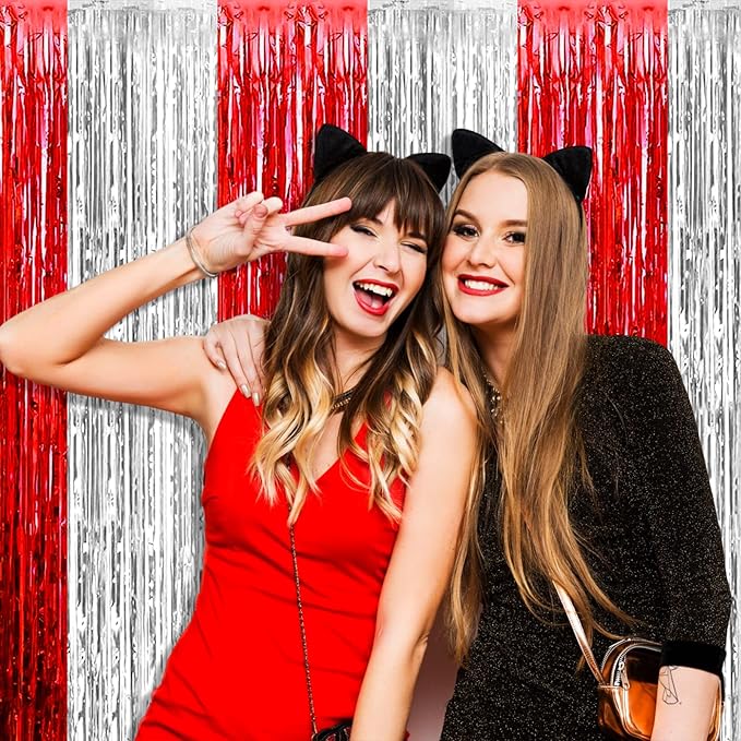4 Pack Silver Red Foil Fringe Curtain Backdrop, 3.28Ft x 8.2Ft Metallic Tinsel Foil Fringe Streamers Curtains for Photo Booth, Wedding, Circus Welcome Carnival Birthday Party Decoration