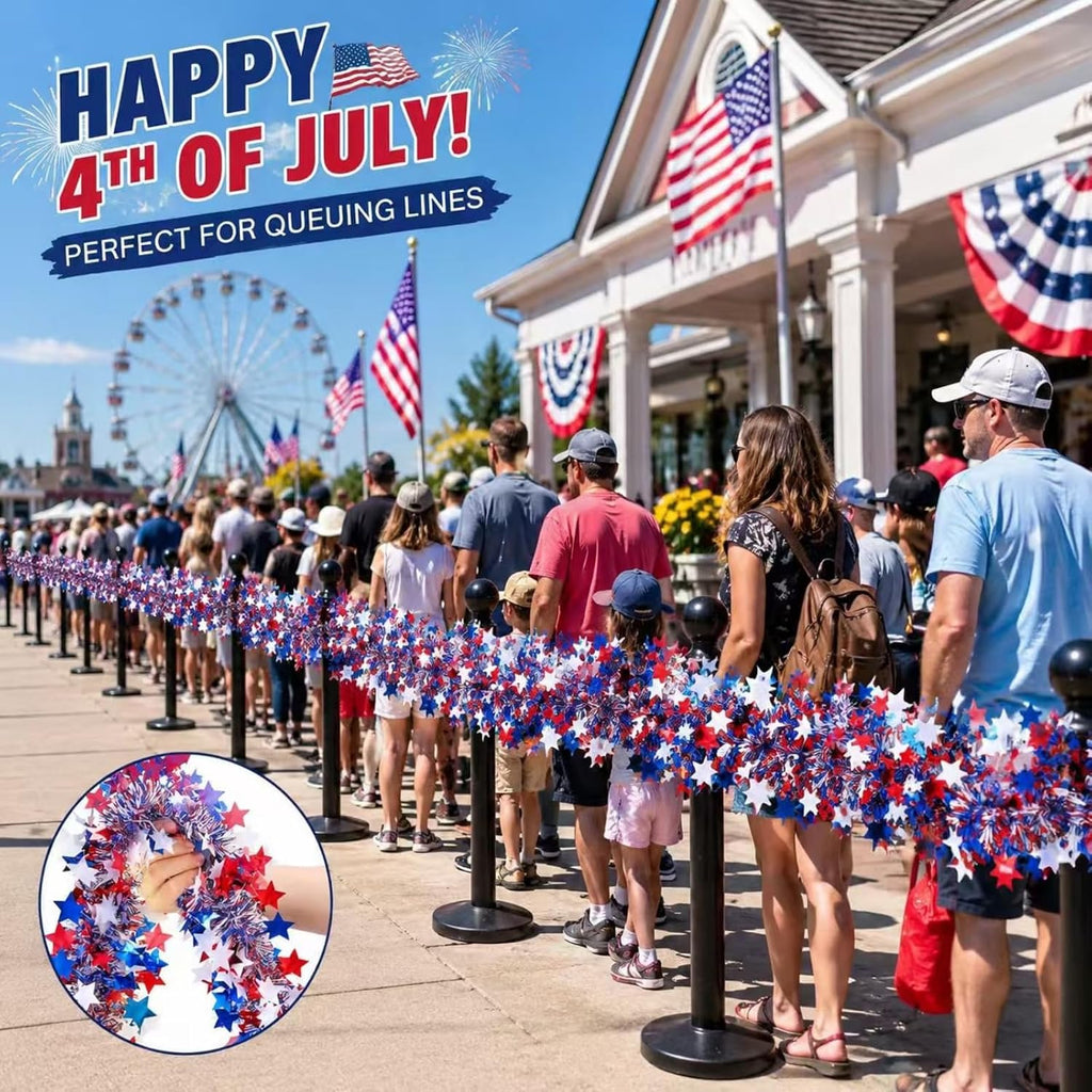 50 Ft Patriotic Star Garland, Red White Blue Metallic Tinsel with 5-Pointed Stars, 4th of July & America 250th Anniversary Decorations for Independence Day Party Mantle Porch Fireplace | Shiny Metallic Tinsel Star Garland