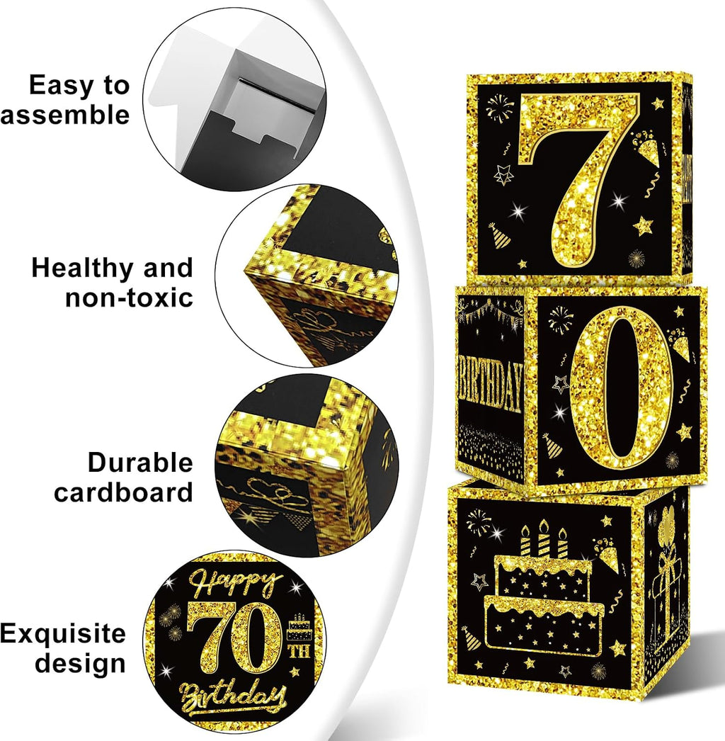 Eiurteao 3pcs 70th Birthday Decorations Boxes for Men Women, Black Gold Happy 70 Birthday Balloons Boxes Party Supplies, 70 Year Old Bday Theme Cardboard Box