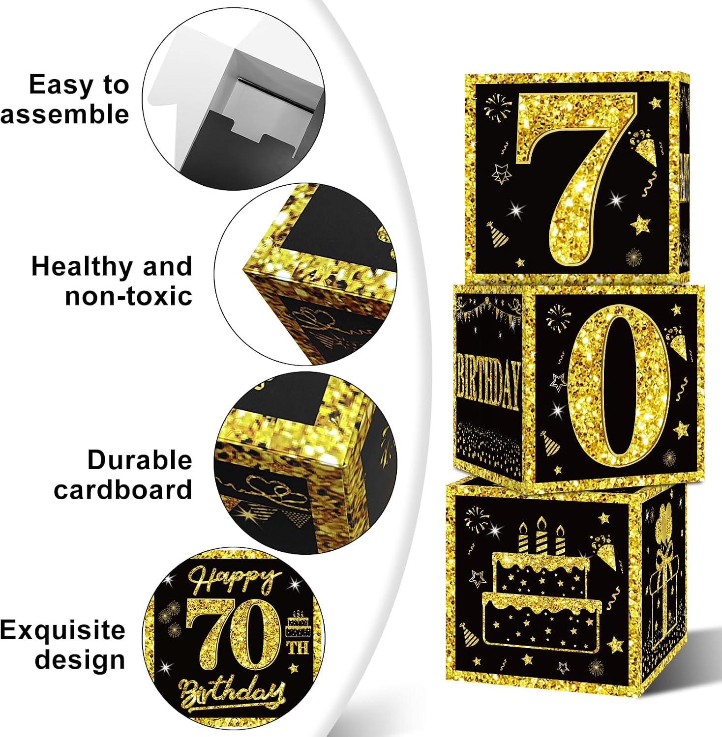 Eiurteao 3pcs 70th Birthday Decorations Boxes for Men Women, Black Gold Happy 70 Birthday Balloons Boxes Party Supplies, 70 Year Old Bday Theme Cardboard Box