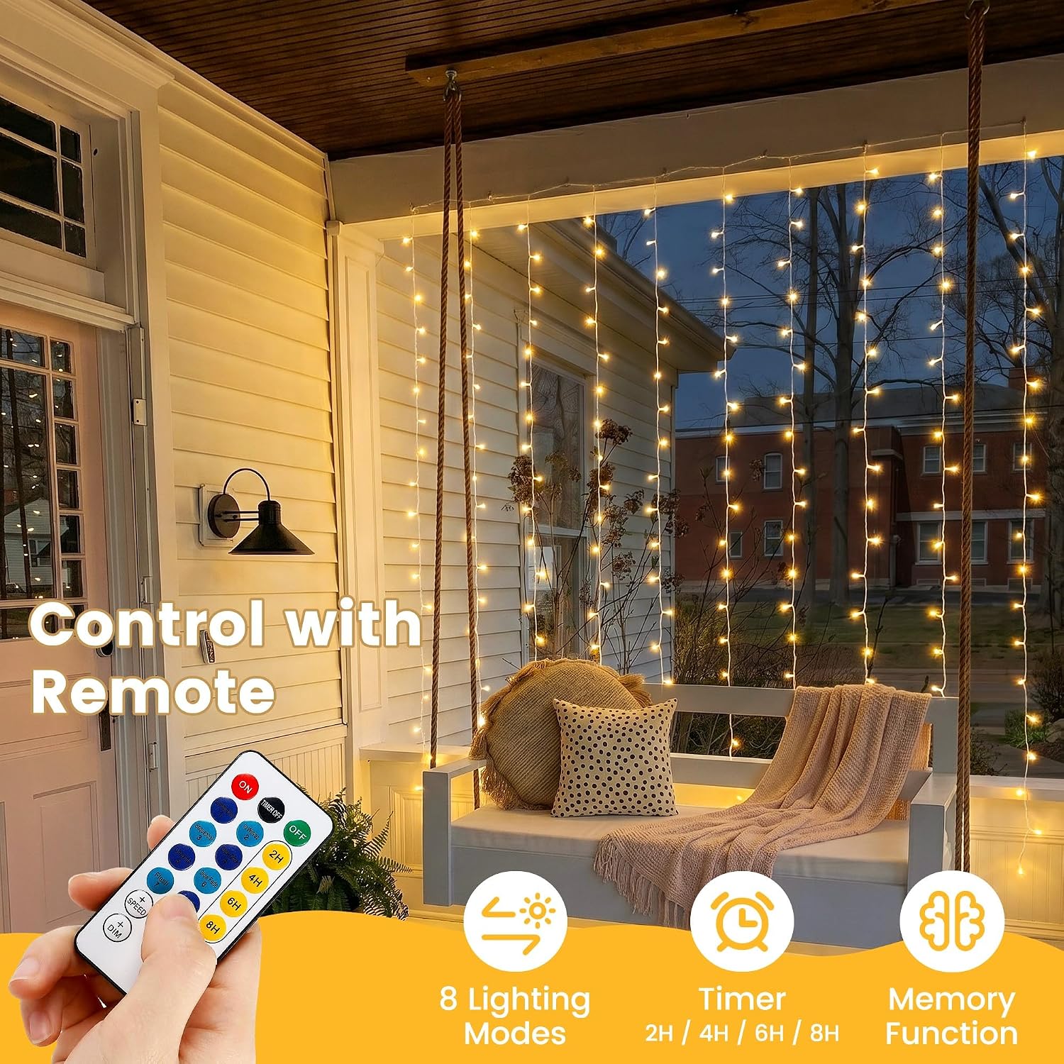 HEYFUNi 6.6FT x 6.6FT Warm White Curtain Lights Plug in, 200 LED | Window String Lights With Remote, 8 Modes, Timer, Memory, Connectable Fairy Lights for Bedroom, Wall, Wedding, Dorm Decor