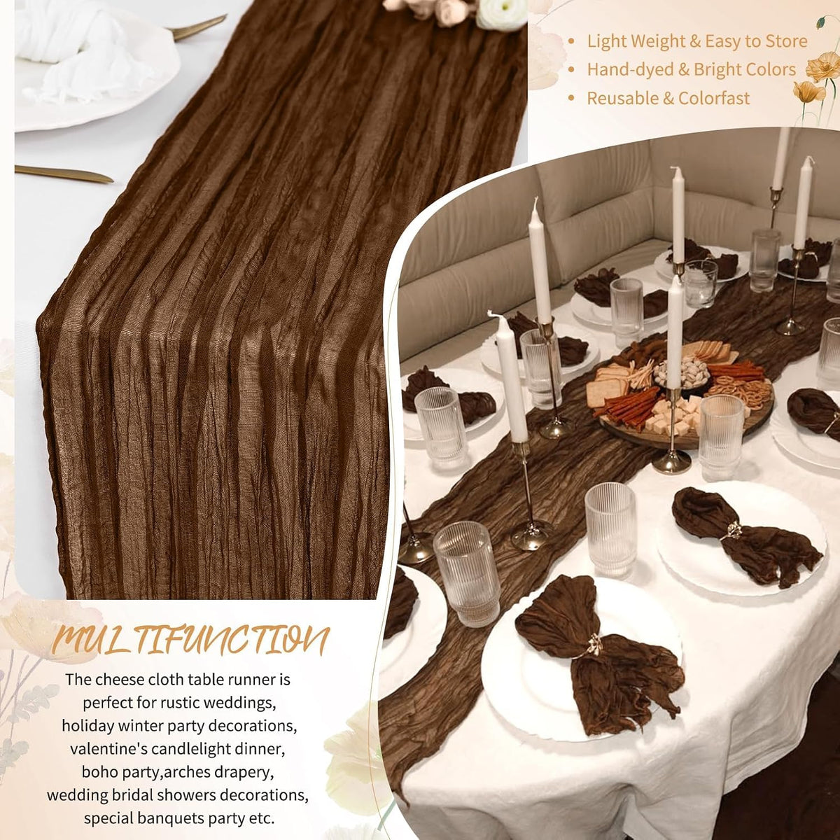 24 Pack Brown Cheesecloth Table Runner 17x108 Inches Boho Home Decor