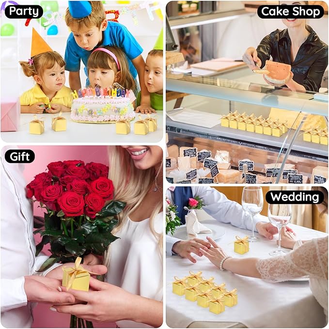 EUSOAR Small Gift Boxes with Lids, 120pcs 2x2x2 Inches Gold Party Favor Box Soap Packaging with Ribbon, Cube Candy Box Mini Muffins Bags Macaron Container for Birthday Advent Calendar DIY Supplies