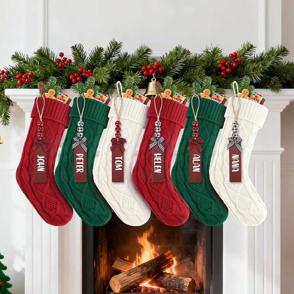 6PACK LumaBria18Inch Cable Knitted Personalized Christmas Stockings, Personalized Hanging Stockings for Holiday Party, Christmas Tree, and Family Home Decor in Red, White, Green