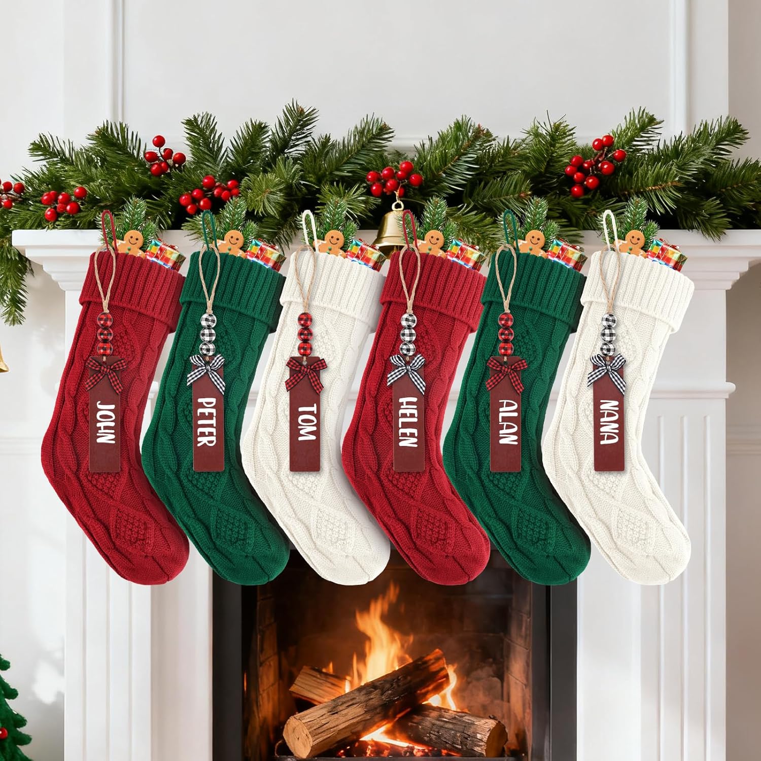 6PACK LumaBria18Inch Cable Knitted Personalized Christmas Stockings, Personalized Hanging Stockings for Holiday Party, Christmas Tree, and Family Home Decor in Red, White, Green