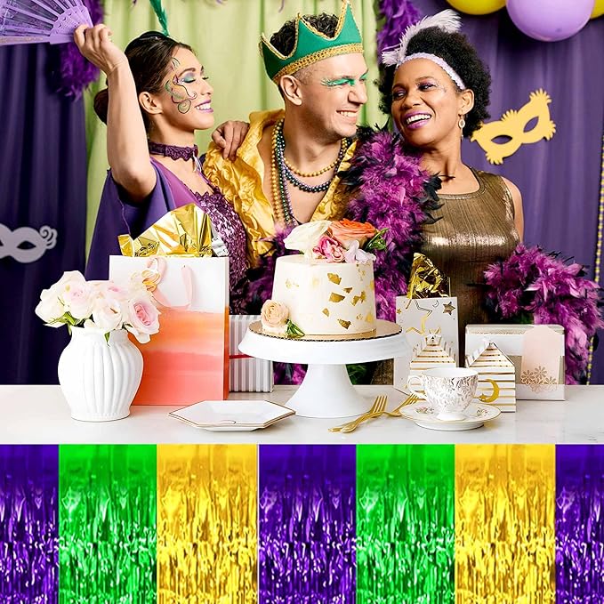 3 Pack 29 x108 Inch Gold Green Purple Foil Fringe Table Skirts Metallic Banner for Tinsel Streamer Garland Backdrop for Parade Floats Mother's Day, Graduate, Birthday, Wedding Party Decoration