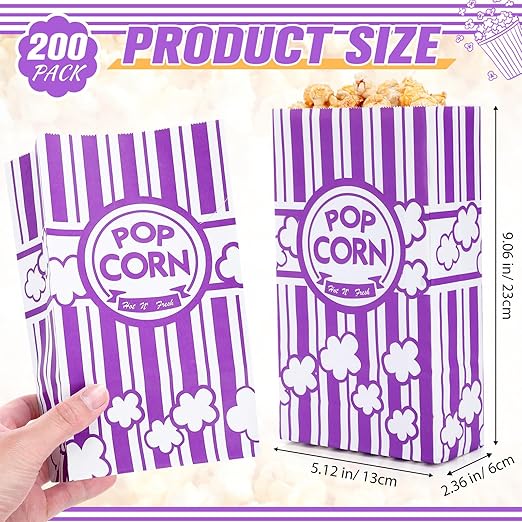 Leinuosen 200 Pcs Paper Popcorn Bags Bulk 2 oz Large Flat Bottom Boxes Disposable Container Sleeve Movie Night Popcorn Bucket for Retro Movie Themed Party Carnival Supplies (Purple)