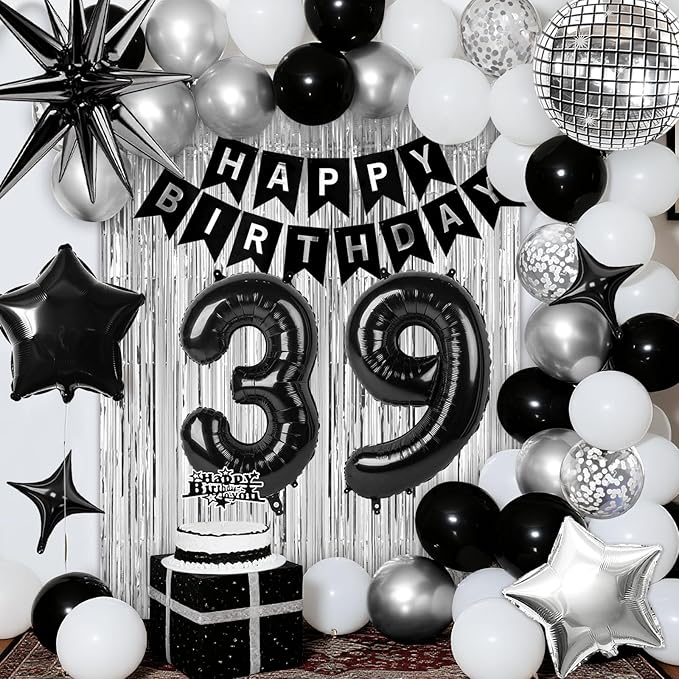 39th Birthday Decorations for Men Women, Black Silver Happy Birthday Party Decorations， 39 Year Old Party Supplies with Number 39 Balloons, Banner, Fringe Curtains Kit