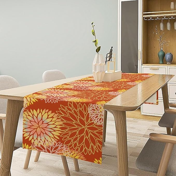 Yellow Floral Table Runner, Chrysanthemum Autumn Spring Summer Vintage Modern Linen Geometric Table Runner for Kitchen Living Room Bedroom Party Holiday, 13x90 Inch